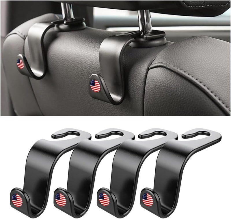 Hanemia 4PCS Car Seat Headrest Hooks, Auto Back Seat Hanger Holder, Durable Stylish Vehicle Organizer Universal Car Interior Accessories, Storage Hooks for Purses, Bags, Clothes, Hats (Black/Red Flag) - Image 1